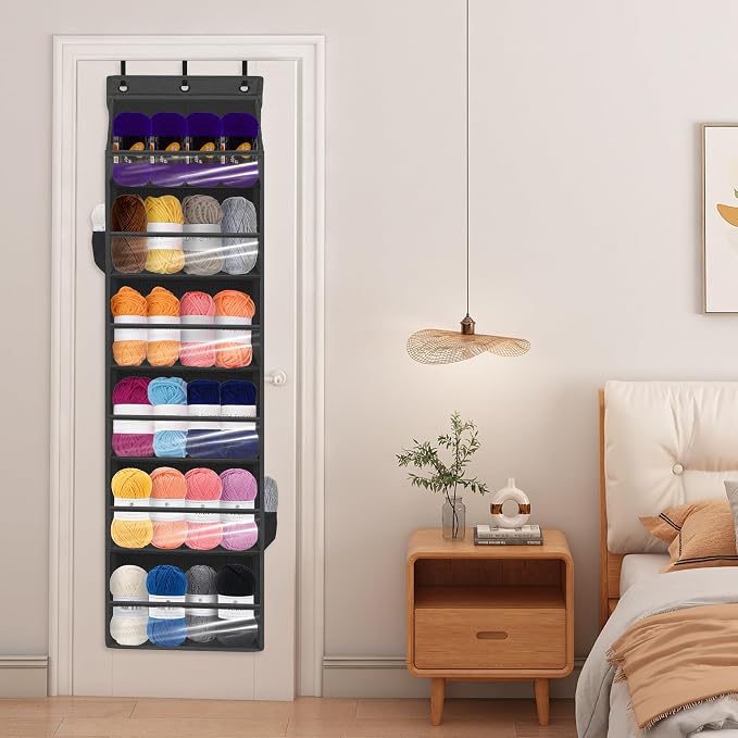 Over Door Organizer with 6 Extra Large Pockets 12 Side Pockets, Sturdy Closet Storage Rack, Hanging Storage Organizer with Clear Window for Shoes, Diapers, Bedroom, Bathroom, Black