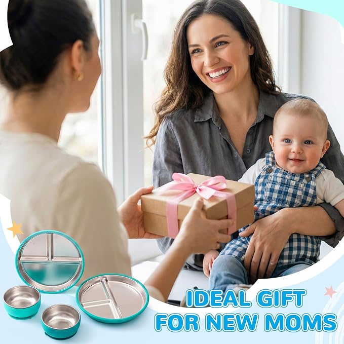 Havawish 4 Pcs Stainless Steel Baby Plate and Bowl with Suction, 8.3" Kid Divided Plate 4" Toddler Bowl with Removable Silicone, BPA-free Non-slip Baby Feed Set Dishwasher Safe for Boy Girl (Cyan)