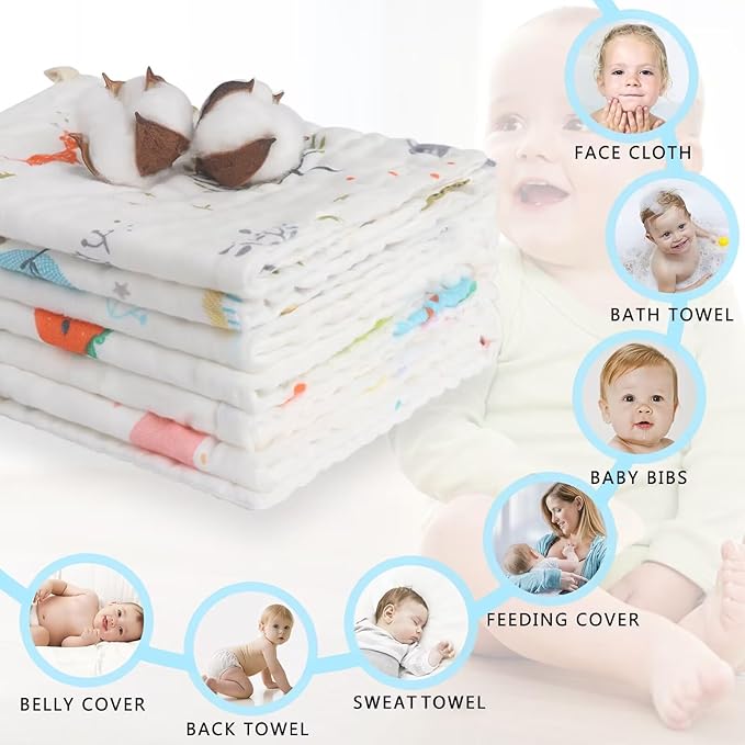 FOOK FISH Muslin Burp Cloths Cotton Burping Cloth 20'‘ X 10’' Pack of 6, Baby Spit Up Cloths for Newborn, Absorbent, Soft, Breathable Large, Premium 6-Layer Construction, Unisex, for Boys and Girls