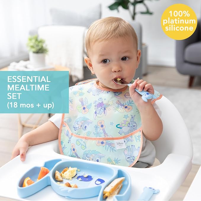 Bumkins Disney Stitch - Silicone Grip Dish, Fork & Spoon - For Ages 18 Months+ - Suction Base - 100% Food-Safe Silicone - Freezer, & Dishwasher Safe