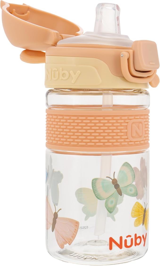 Nuby Thirsty Kids Flip-It Bolt Toddler Cup with Push-Button Locking Flip-Top and Silicone Spout - 12 oz - Easy-Grip and Spill-Resistant - 18+ Months - Butterflies
