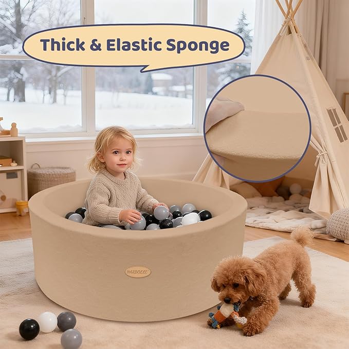 HARBOLLE 35.4" Soft Fleece Ball Pit & Playpen for Toddlers & Babies, Indoor/Outdoor Kids Foam Play Center, for Boys & Girls, Brown