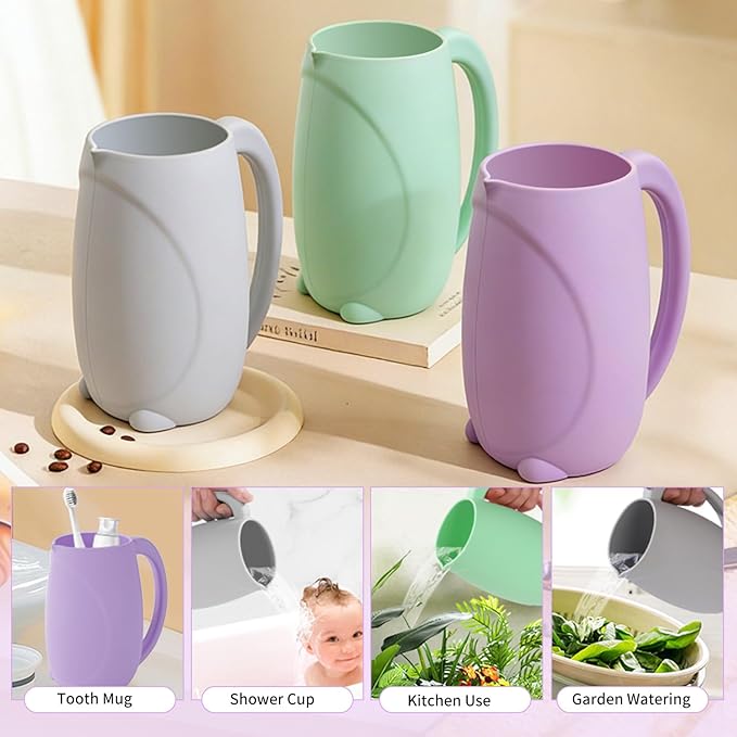 mandoo Baby Bath Rinse Cup Shampoo & Body Washing Rinser Cup for Kids with Easy Grip Handle to Rinse Baby Shower - Baby Essentials (Purple+Brush)