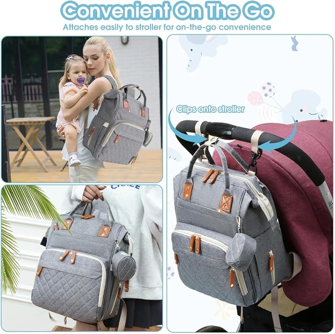 Diaper Bag With Changing Pad, Travel Waterproof Bagpack Diaper Bag For Mom Dad With USB Charging Port, Large Capacity & Multifunctional With Insulated Pacifier Case - Grey