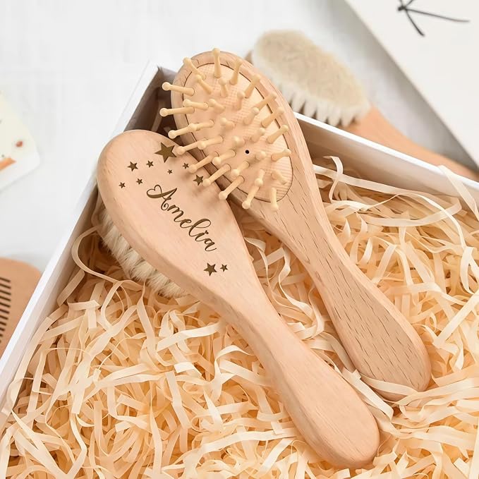 Custom Name Baby Brush and Comb Set, Personalized 3-Piece Wooden Hairbrush Kit for Newborns, Soft Goat Hair Bristles, Baby Registry & Shower Gift