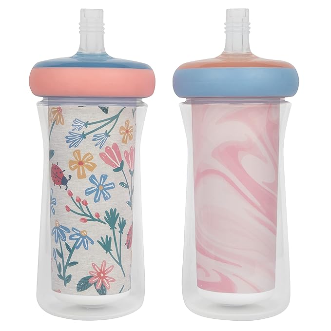 The First Years Insulated Straw Cups for Toddlers 2pk ??Ladybug & Marbled ??Pink & Blue
