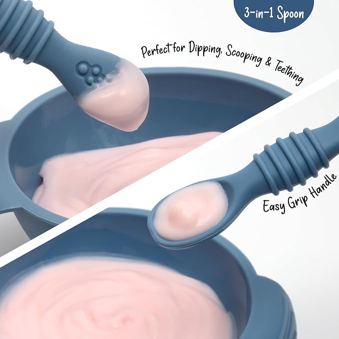 PrimaStella Unbreakable Silicone Non-Slip Bowl and Chew Spoon Set for Babies and Toddlers (Slate Blue)
