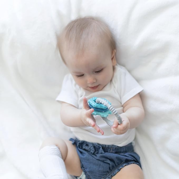 Bumkins Baby Teething Freezer Toy Keys Rings, Soft Flexible Pacifier to Chew, Cool Teether Gum Relief, Babies 3 Months, Freezable Platinum Silicone, Sensory Bracelet with Charms, Blue and Gray