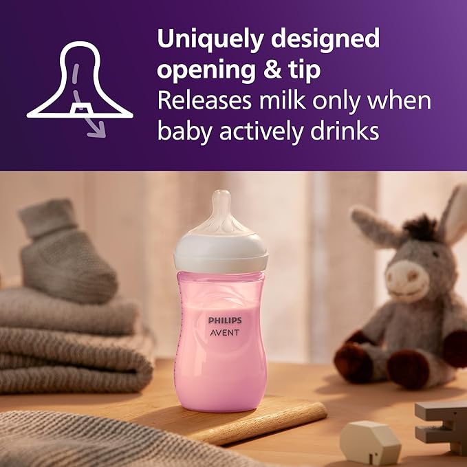 Philips Avent Natural Baby Bottles with Natural Response Nipples (Medium Flow, Flow 3), 9oz, Pink, 4-Pack, SCY903/14