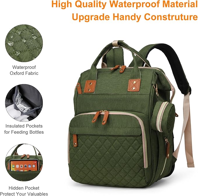 Diaper Bag with Changing Station, Waterproof 3 in 1 Baby Diaper Backpack with Foldable Changing Pad, Large Travel Back Pack for Girl Boy, Green