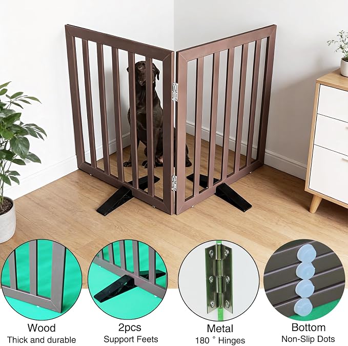 Dog Gate Indoor, Freestanding Dog Fence for The House, Doorways, Hallways,or Stairs,Pet Gate Foldable Wooden,Expandable 32" Height 2 Panels,Brown