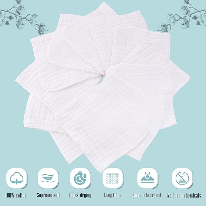 Cute Castle 24 Pack Muslin Baby Burp Cloths - Ultra-Soft 100% Cotton Baby Washcloths - Large 20'' by 10'' Super Absorbent Milk Spit Up Rags - Burpy Cloths for Unisex, Boy, Girl - White
