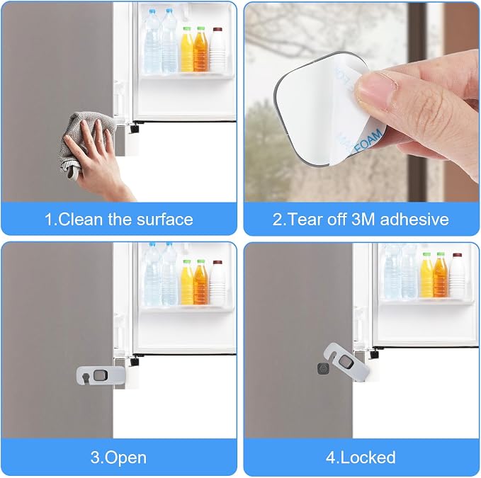 2PCS Fridge Locks for Kids with Sticky Adhesive Pads, Toddler Child Locks for Cabinets and Drawers, Child Safety Drawer Lock Baby Proofing, Children Lock for Door, Upright Freezer, Ovens