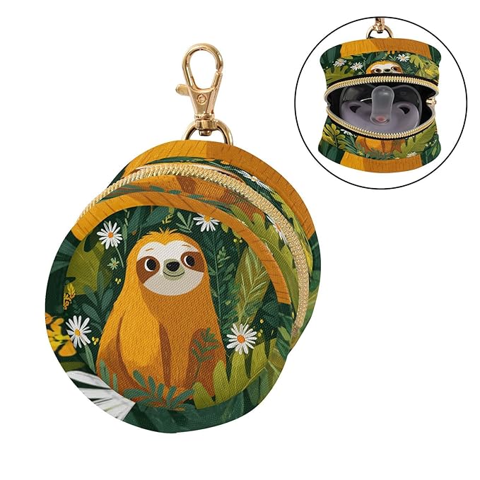Pacifier Holder with Clip Pacifier Case for Diaper Bag Round Baby Pacifier Pouch Box Bag Portable Sloths Leaves Daisy Green