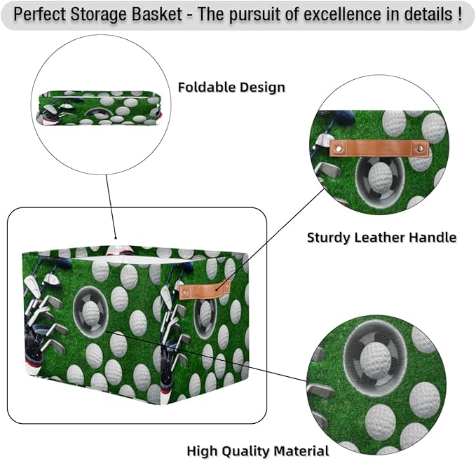 Golf Ball Storage Basket, Sport Golf Ball Foldable Storage Bin with Handle Fabric Rectangular Storage Box Organizer for Closet Shelf Home Office Nursery Toy Basket, 1 Pack