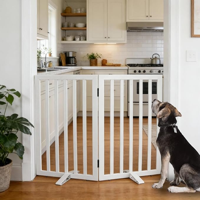 Dog Gate Indoor, Freestanding Dog Fence for The House, Doorways, Hallways,or Stairs,Pet Gate Foldable Wooden,Expandable 32" Height 2 Panels,White
