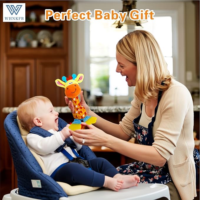 Baby Teether Rattle Toy - Soft Giraffe Plush with Crinkle Squeaky Sound, Sensory Shaker for Newborns 0-12 Months, Infant Learning and Travel Stroller Toy