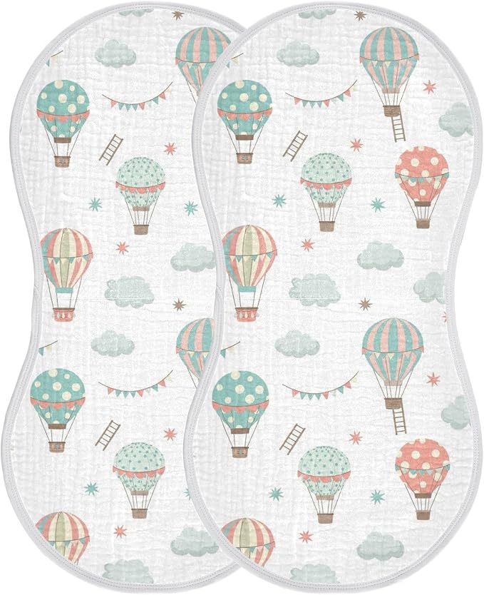 Hot Air Balloons Stars Ladder Baby Muslin Burp Cloths for Newborn Boys Girls, 4 Layer Cotton Soft Absorbent Baby Burping Washcloths 2 Pack