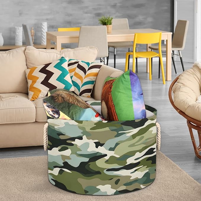 Large Round Laundry Basket Army Green Camo Toy Bins Organizers and Storage for Girls Canvas Collapsible Blanket Storage Basket Laundry Hamper Gift Baskets Bedroom Clothes Children Nursery