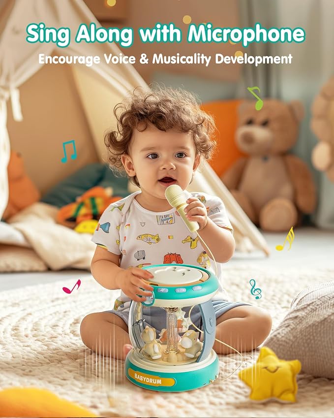 Baby Musical Drum Toy for 6-24 Months, Light-Up Carousel with Spinning Animals & Microphone, 4-in-1 Tummy Time Roll Crawl Toy with Music Stories Numbers Nursery Rhymes, Baby Boy Girl Gift