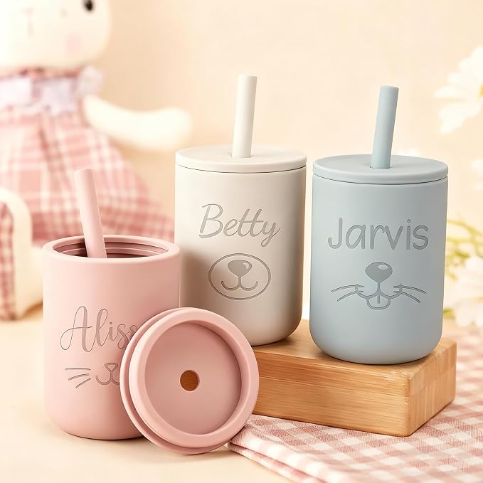 Personalized Silicone Baby Cup with Straw -7oz Leak-Proof, BPA-Free Training Cup for Toddlers - Ideal Baby Shower & Birthday Gift