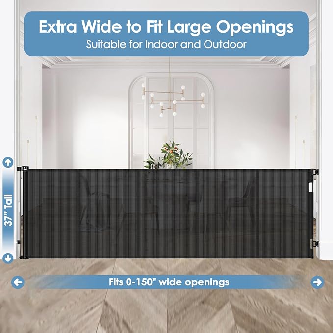 Reinforced 150 Inch Retractable Baby Gates Extra Wide Dog Gate with Support Rods, Upgrade Extra Long Baby Gate for Doorways 12 Ft Extra Large Pet Gate Indoor Outdoor Mesh Dog Gate for The House, Black