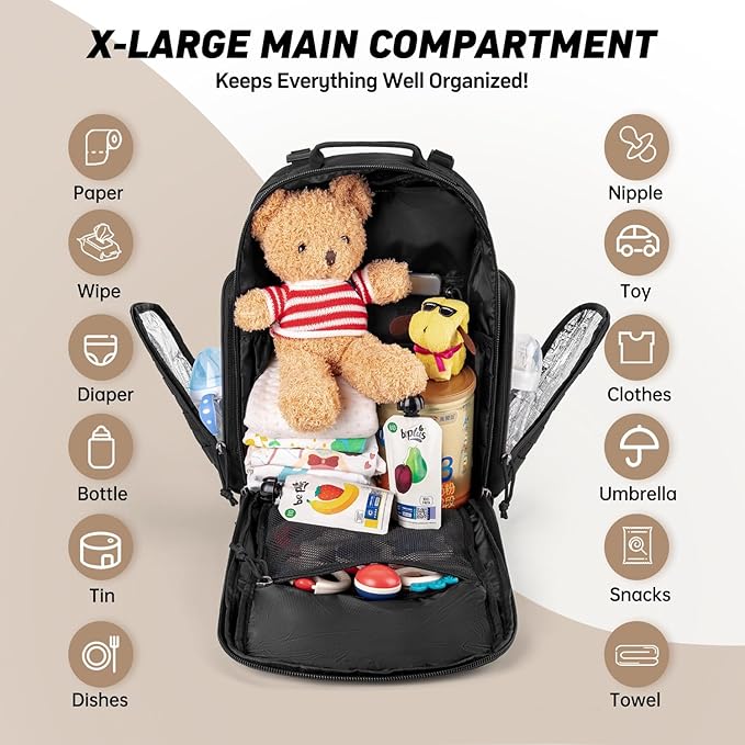 SHARKMOUTH Dad Diaper Bag Military - Large Baby Diaper Backpack with Changing Pad for Travel Camping Trips Park - Newborn Baby Shower Gifts Black