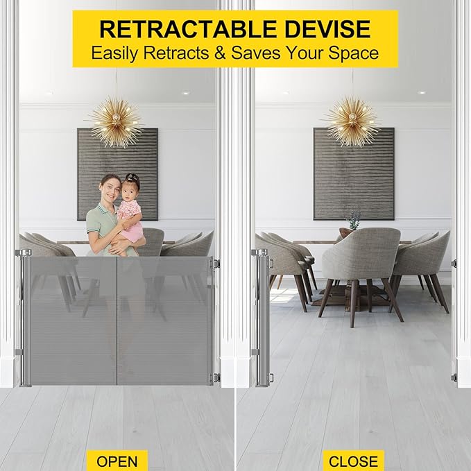 Reinforced 42??Extra Tall Pet Gate for Doorways, Extends up to 60??Wide, Extra Tall Retractable Baby Gates with Rods to Prevent Crawling Through Retractable Mesh Dog Gate Indoor Outdoor, Gray