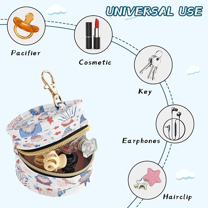 Pacifier Holder with Clip Pacifier Case for Diaper Bag Round Baby Pacifier Pouch Box Bag Portable White July 4th Stars Gnomes Fireworks