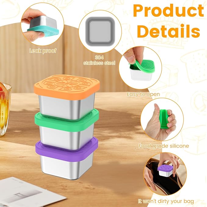 6 Pcs Stainless Steel Sauce Containers,2oz Metal Mini Snack Food Store Box Containers and Silicone Lids, Reusable Small Portable Boxes, Dishwasher Safe for Daycare School Office Travel, Leakproof