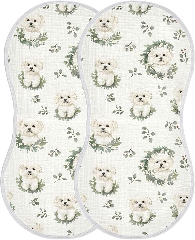 vvfelixl Muslin Burp Cloths Cartoon Maltese Dog Wear Wreath Baby Washcloths for Baby Girl Boys 2 Pack