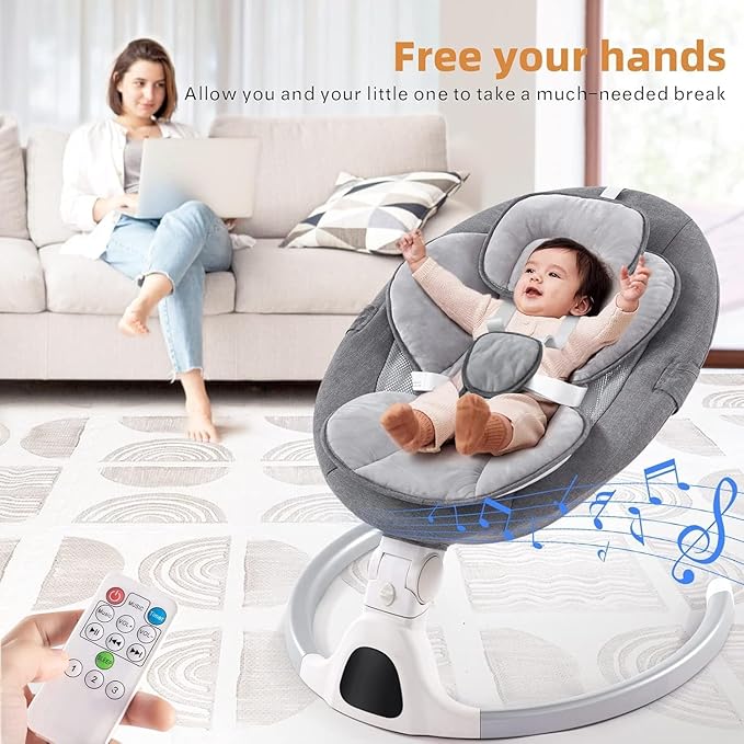 Soobaby Baby Swing for Infants,Electric Swing for Babies,Portable Swing for Baby Boy Girl,Remote Control Indoor Baby Rocker with 5 Sway Speeds,Music and Bluetooth,Light Gray