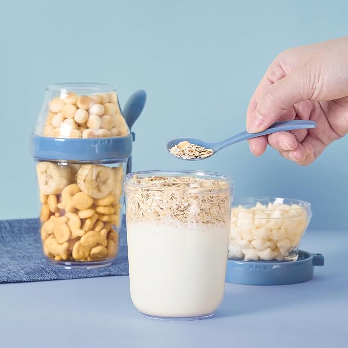 Felli On the Go Yogurt Parfait Snack Cup with Lid 100% Leak Proof, Reusable Travel Container with Spoon + Fruit & Granola Holder for To Go Cereal, Overnight Oats, Chia Pudding Jar (2, Blue Moon)