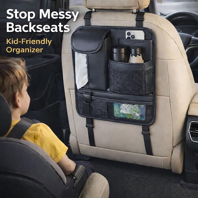Backseat Car Organizer, Seat Organizer with 5 Storage Pockets for Travel, Black