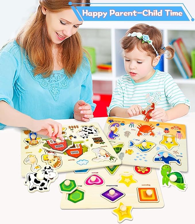 8Pcs Wooden Puzzle for Toddler 1-3, Rectangle Peg Puzzles for Toddler 2-4, Montessori Learning Toys with Animals, Dinosaur, Fruits & More, Preschool Puzzle Set Educational Toys Toddler Gifts