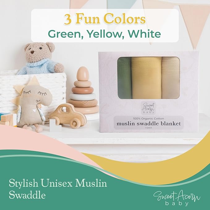 Muslin Swaddle Blanket ??Soft Cotton Muslin Baby Blanket for Newborns, Infants, and Toddlers, All-Season Comfort Baby Essential - Green, Yellow, White