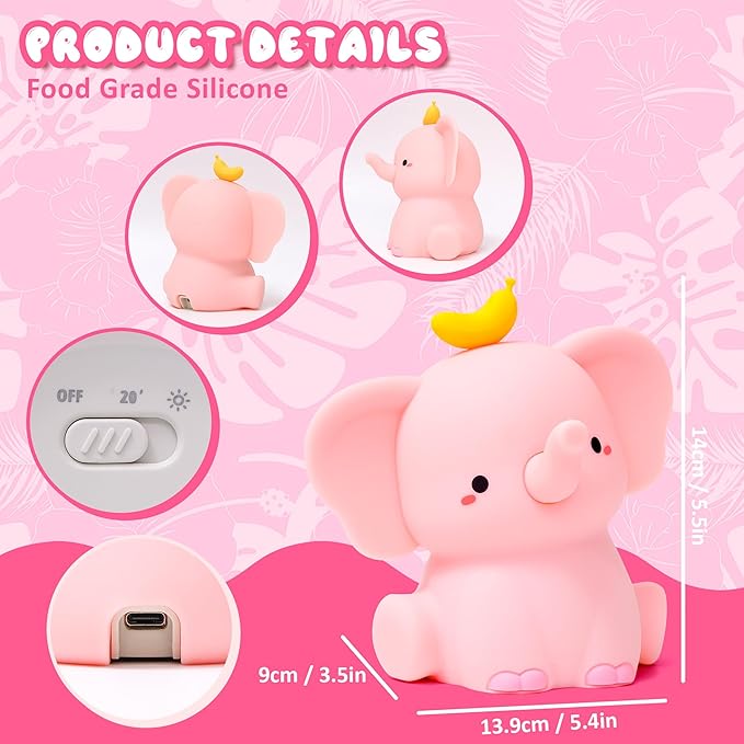 Ammonite Pink Elephant Night Light, Soft Silicone Elephant Nursery Lamp with 2 Dimming Levels and 20-Minute Timer, Touch Control Nightlight for Bedroom Decor, Christmas Birthday Gift