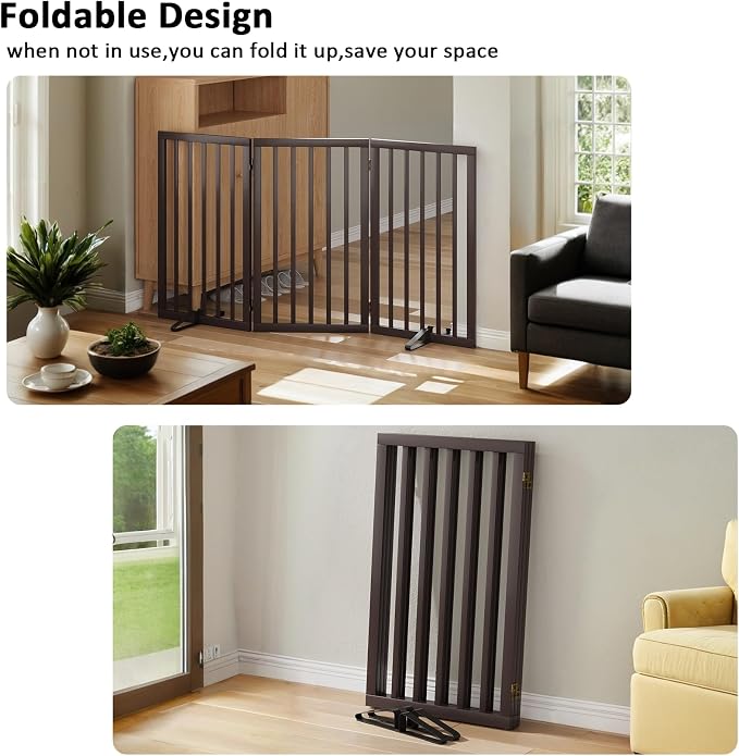 Dog Gate for Doorways 32" Tall Freestanding Dog Gate for Stair Foldable Pet Gate for Dogs Indoor (Brown,3 Panel)