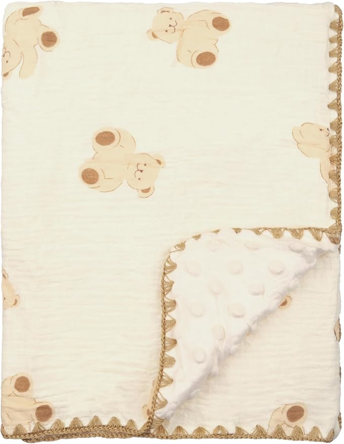 Baby Blanket 40x40 Inches,Muslin Cotton and Minky Dotted Double Layer Soft Receiving Blanket for Newborn Toddler,Bear