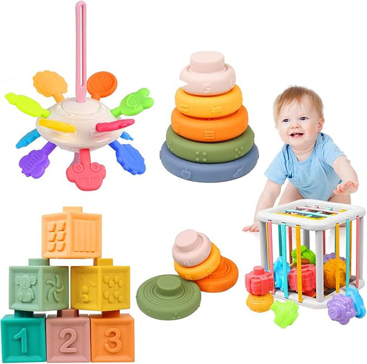 Montessori Toys for Babies 6-12 Months, 4 in 1 Soft Baby Teething Toys, Stacking Building Blocks & Rings for Infants, Sensory Bin Toy