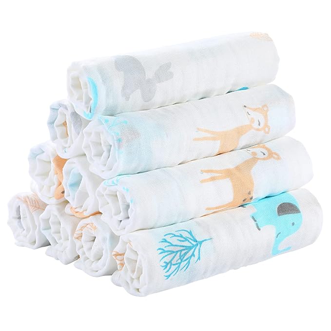 Yoofoss Muslin Burp Cloths for Baby 10 Pack 100% Organic Cotton Baby Washcloths for Boys Girls Large 20''X10'' Super Soft and Absorbent Elephant