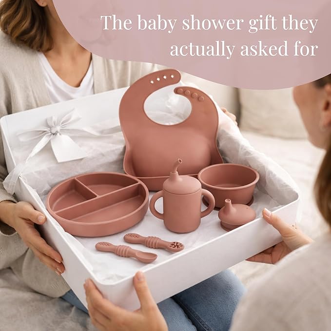 Little Loon Baby Led Weaning Starter Set ??Complete Silicone Feeding Kit for 6+ Months - Baby Plates, Bibs, Spoons & Sippy Cup - Baby Shower Gifts - Rose