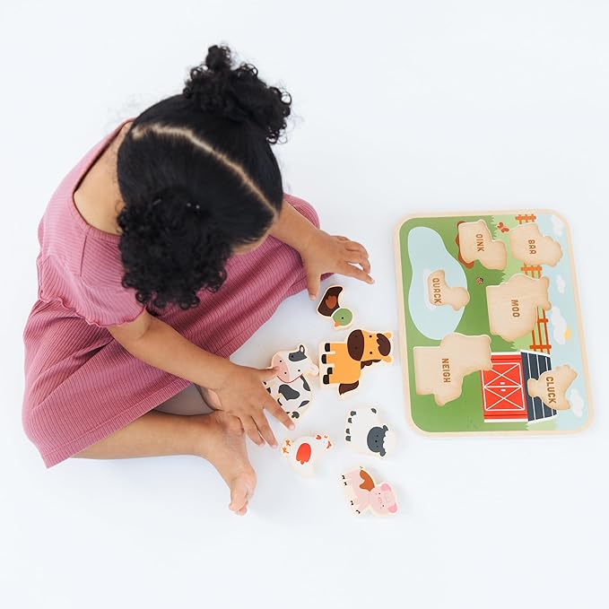 Pearhead Wooden Barn Puzzle, Farm Animal Learning Puzzle for Toddlers, Learn Animal Sounds Pegged Puzzle, Montessori Educational Toy