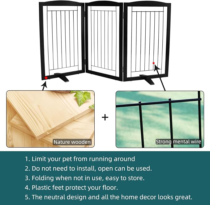 Dog Fence Indoor,Dog Gate Indoor for Doorway pet gate -3-Panel Freestanding, Hallways, House or Stairs -60x32-Inch Retractable Foldable Expandable Wood Pet by SFJC (Black) ﻿