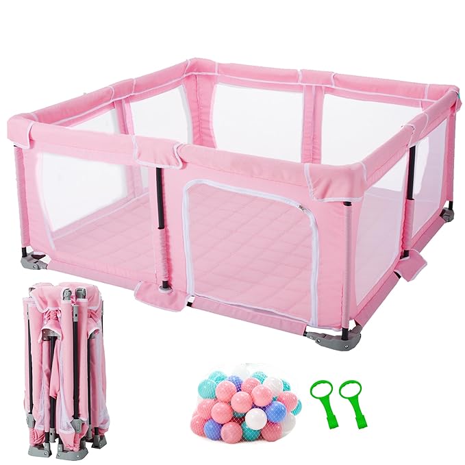 Foldable Baby Playpen,PlayPens for Babies and Toddlers，Indoor Outdoor Safety Play Area, Portable Child Activity Large Collapsible Play Yard，Folding Fence (Cationic Fabric-Pink, 59"x71")