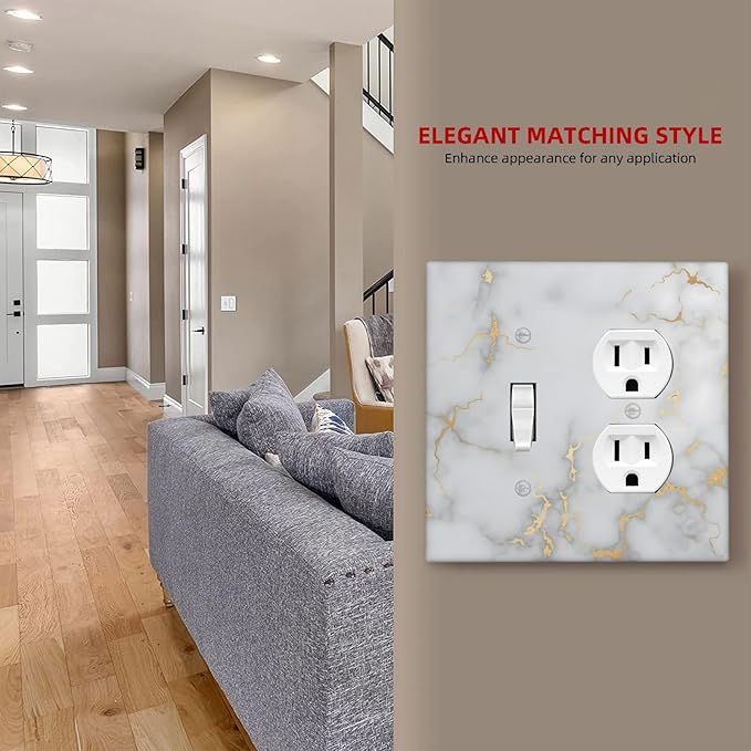 Luxury White And Gold Marble Abstract Modern Wallplates 1 Toggle 1 Duplex Switch Plate Electrical GFCI Faceplate Decorative Light Switch Covers for Bathroom Kitchen Decor