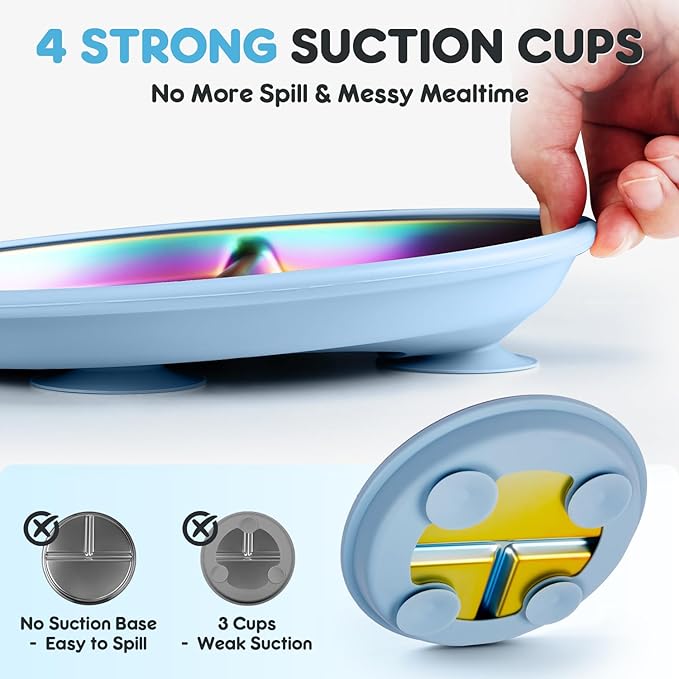 Stainless Steel Toddler Plates with Suction, 9" BPA-Free Rainbow Baby Plates 2pcs with Removable Food-Grade Silicone Base, Divided Kids Plates Dishwasher Safe, Blue & Green