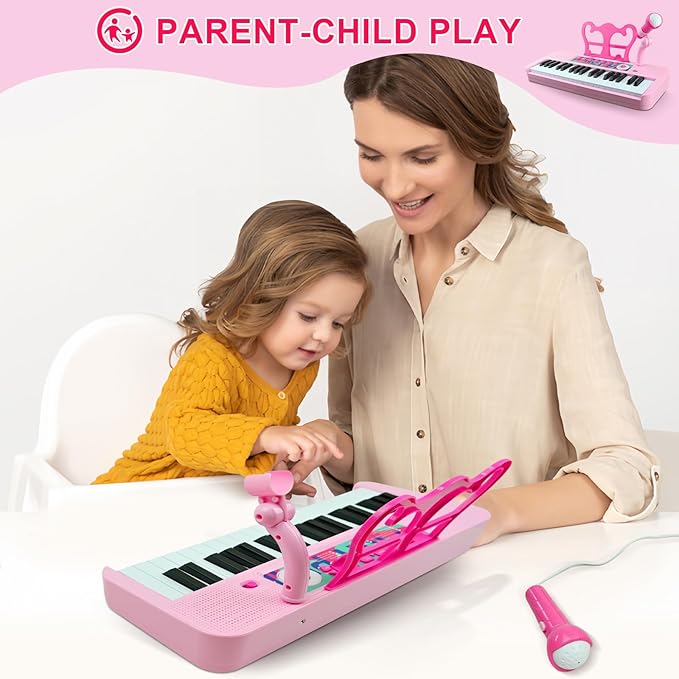 Love&Mini Kids Keyboard Toys for Girls - 37 Keys Pianos Toy with Stool and Microphone Pink Electronic Musical Instrument, Christmas Birthday Gift for Kids 3 4 5 6 7 8 Years Old Boy and Girl