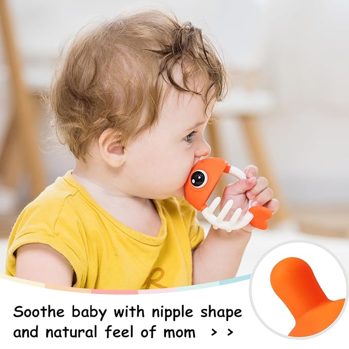 Teething Toys 3-6 Months, Mombella Clownfish Teethers for Babies 6-12 Months, Soft Silicone Baby Teether Toys with Anti Drop Clip, Baby Chew Toys 6 to 12 Months, Infant Teething Relief Toy, Orange