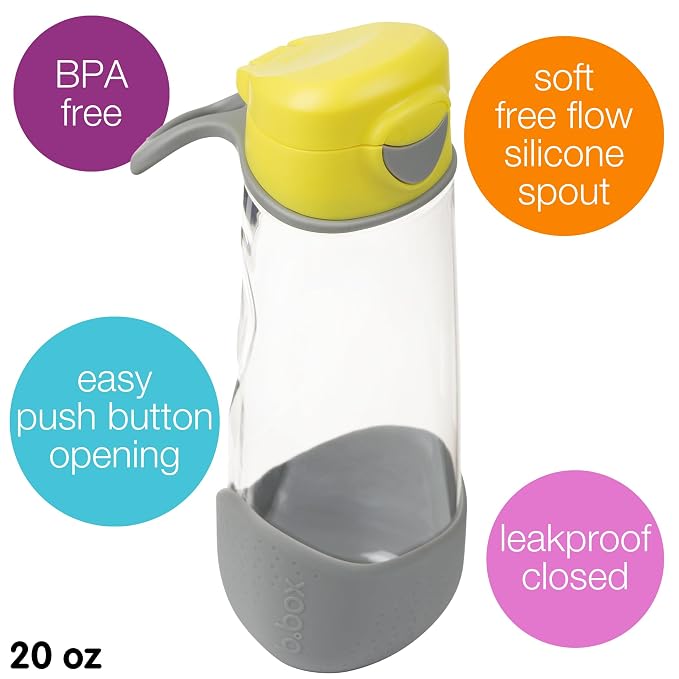 b.box 20oz Sport Spout Kids Water Bottle for School, Sports, Daycare - No-Straw Design for Easy Cleaning - Leakproof - Ergonomic Triangle Grip - Dishwasher Safe, BPA Free, PFAS Free - Lemon Sherbet